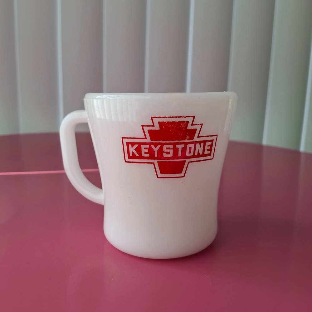Vintage Federal Glass Keystone Milk Glass Mug More Power To You Red Logo USA MCM